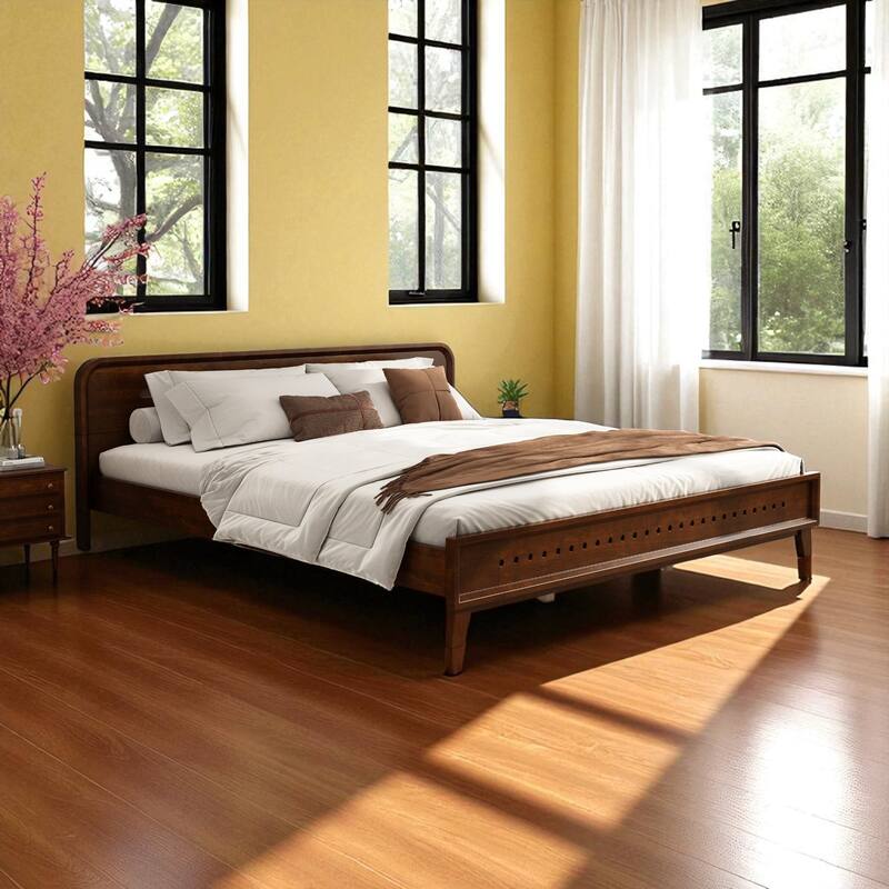 Queen/King Size Bed with Solid Pine Wood Frame, No Box Spring, Stable, Elegant Headboard