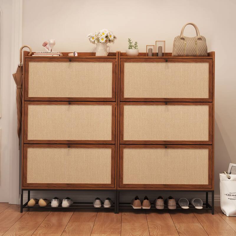 Wooden Shoe Storage Cabinet with triple-tier flip-up drawer