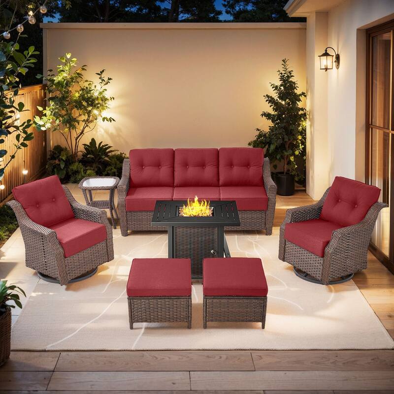 7-Piece Sofa Swivel Chairs Ottoman with 30" Firepit Table - Brown Wicker & Red Cushion