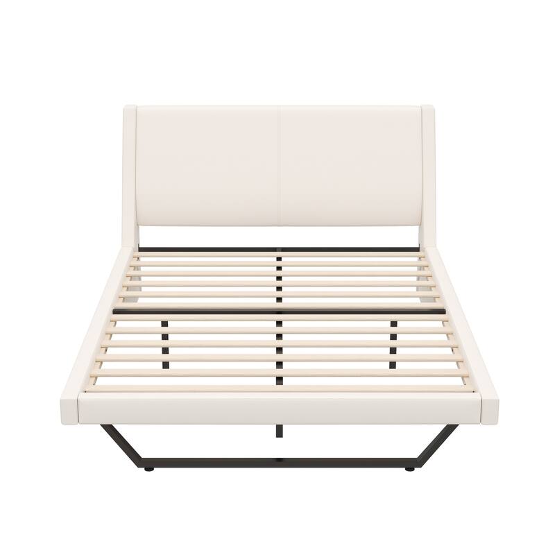 Wave-Like Curve Design Platform Bed Pu Leathe Upholstered Bed Frame Wooden Slat Support