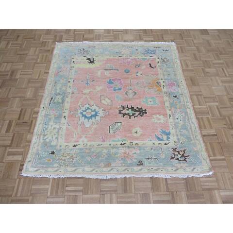 Hand Knotted Pink Oushak with Wool Oriental Rug (5'9" x 6'2") - 5'9" x 6'2"
