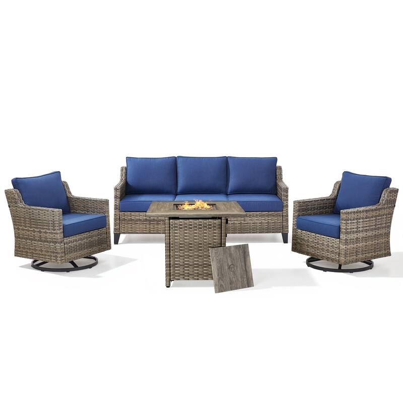 Pocassy Outdoor Swivel Chair with Sofa with Fire Pit Table