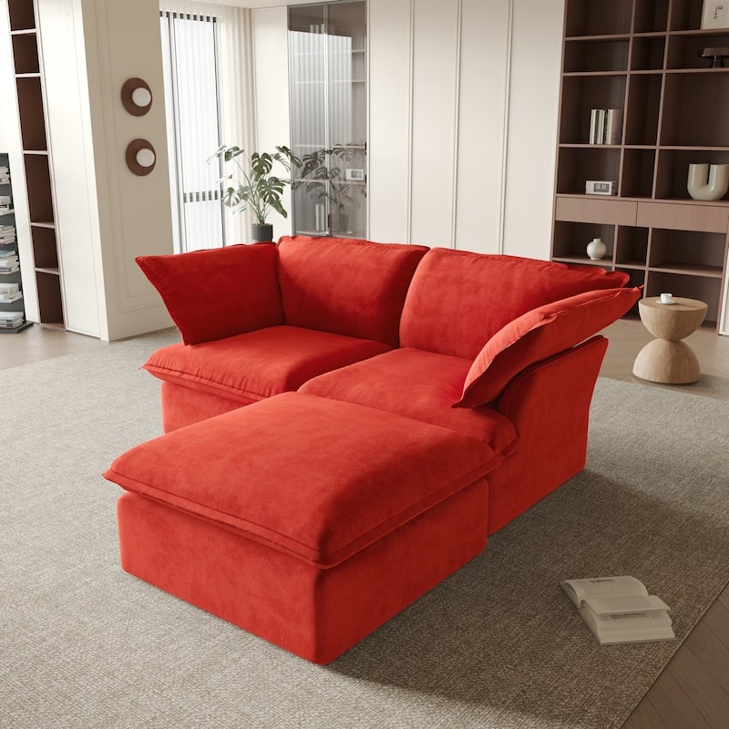 Velvet Loveseat Sofa with Ottoman for Living Room Apartment - Red