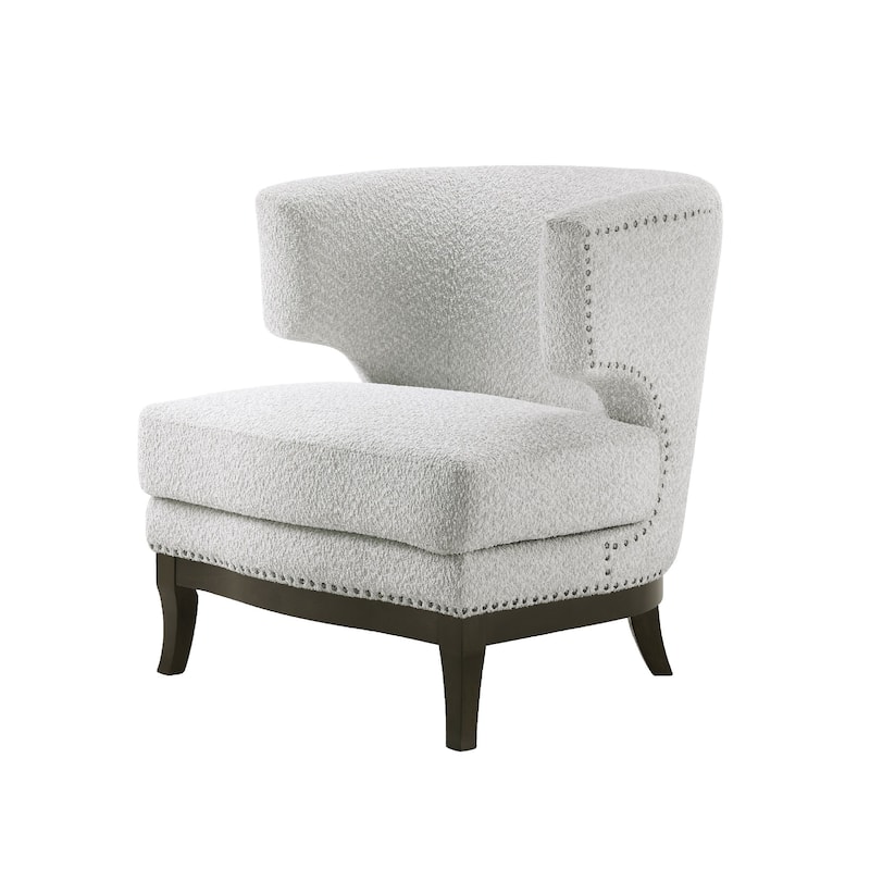Elly Accent Chair, Barrel Back, Gray Boucle w Nailheads, Brown Wood