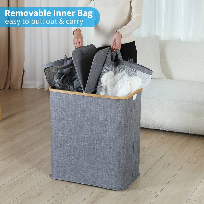 Double Laundry Hamper with Lid, Divided Laundry Hamper with Removable Bags, 2 Section Dirty Clothes Basket with Handles