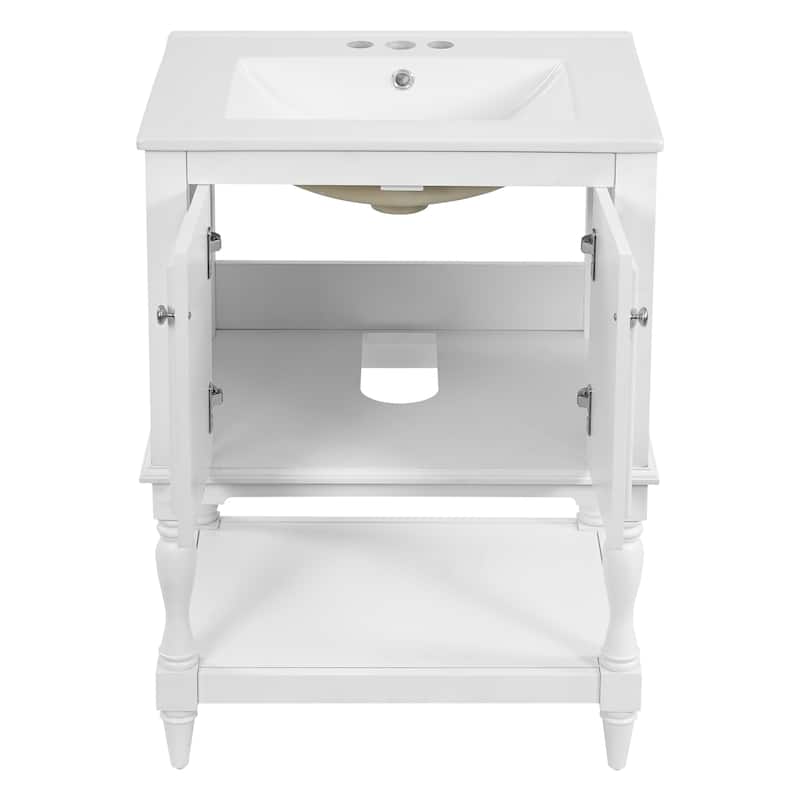 24" Modern Luxury Bathroom Vanity with Ceramic Sink, Compact Cabinet with Open Shelf & Closed Storage