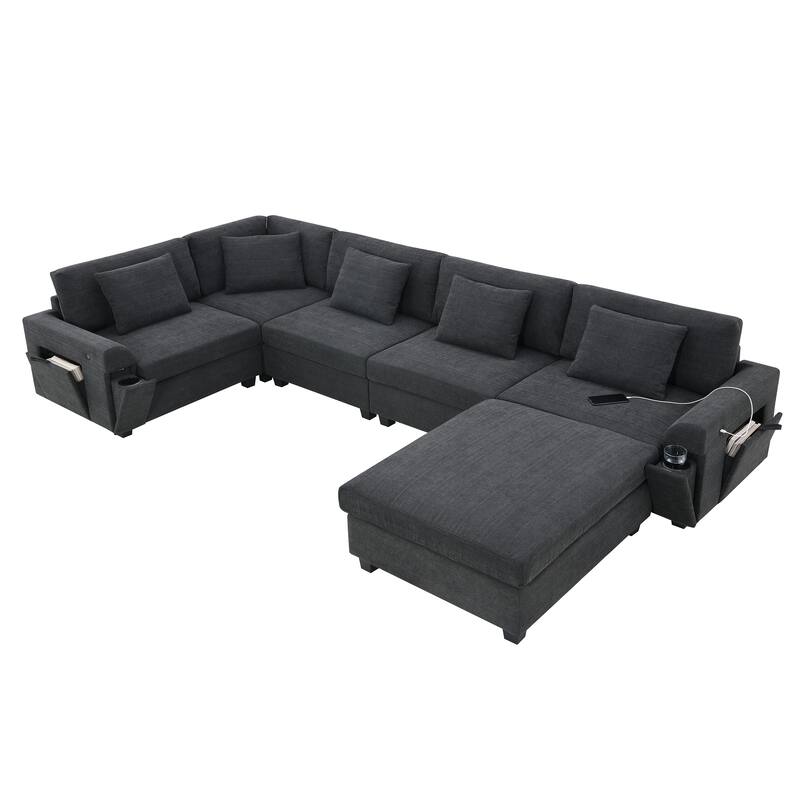 U Shaped Sectional Sofa with Ottoman, Chenille 6 Seater Sofa with Hidden Armrest Storage, Cup Holders & USB Charging Ports