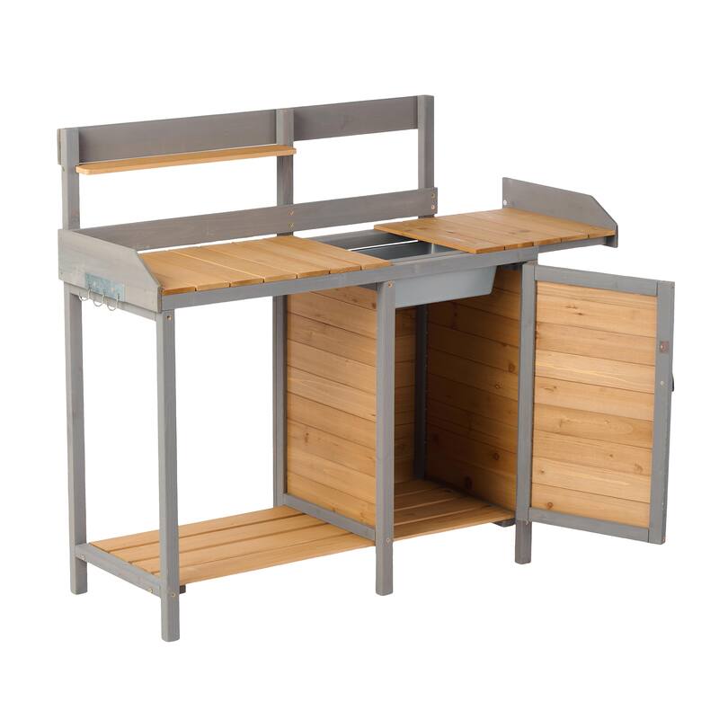 GDF Studio - Outdoor Solid Wood Potting Bench with Sink and Storage Garden Workstation