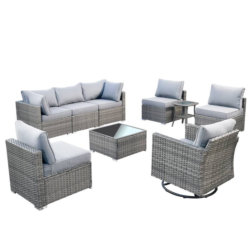 HOOOWOOO 9-piece Grey Wicker Patio Outdoor Sectional Set with Swivel Rocking Chair
