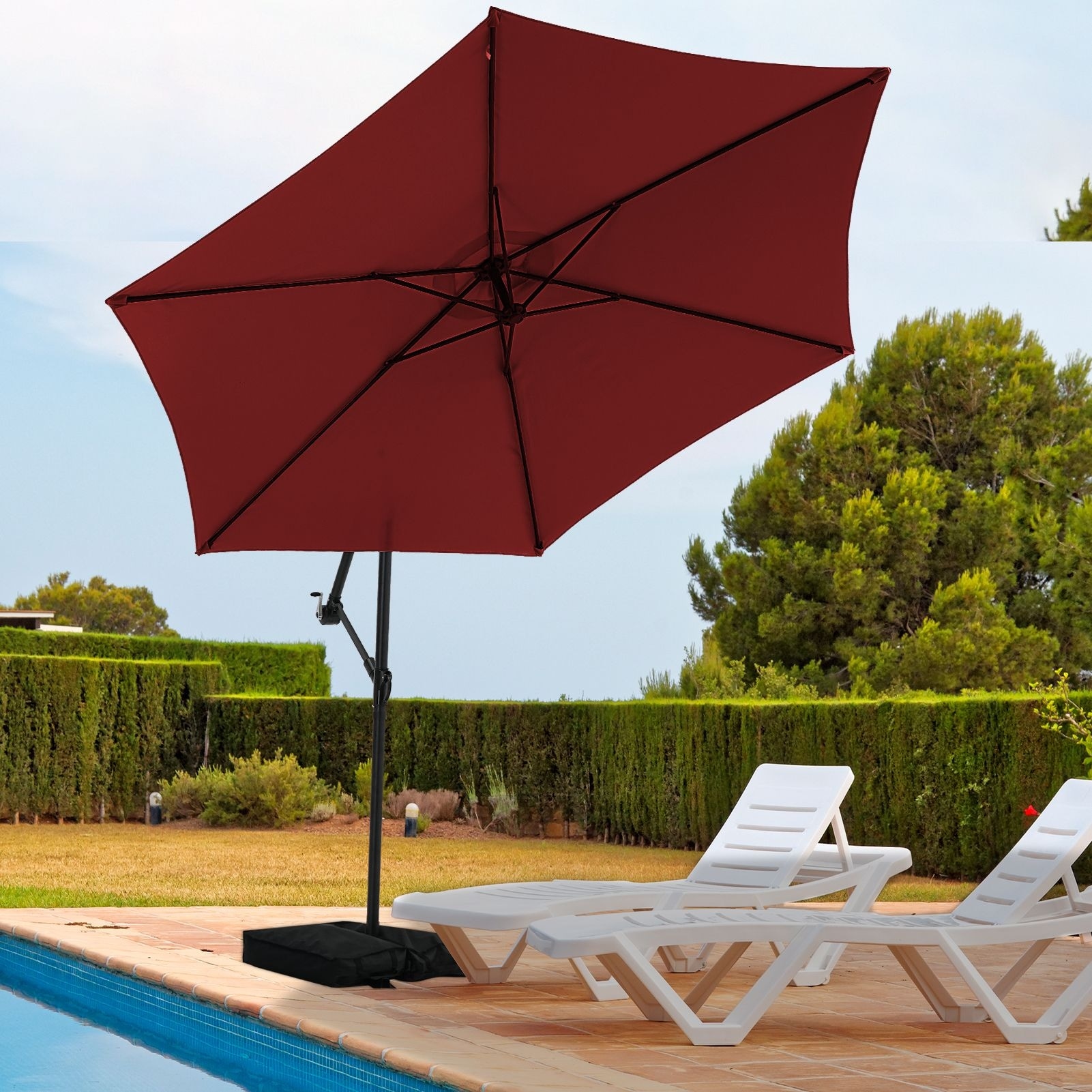 10 ft offset patio umbrella HOMSHADE 10FT Solar LED Cantilever with Base Included, Beige your guests Autlaycil 10ft Offset Hanging Market