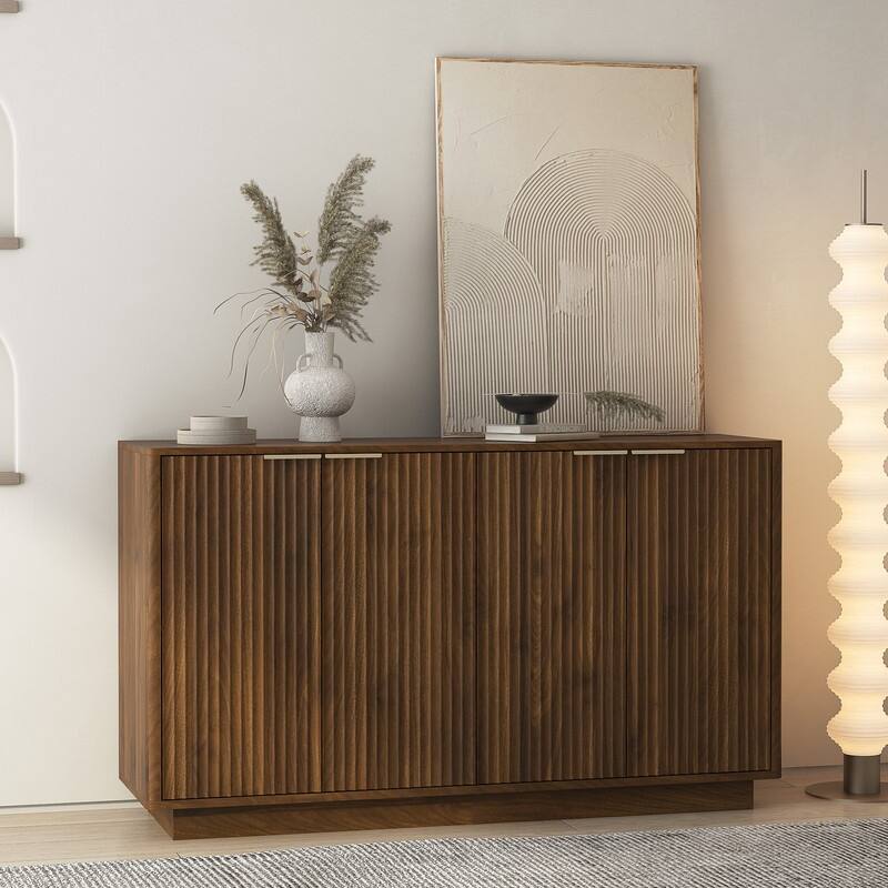 Wood 55.1" Fluted Buffet Cabinet, Credenza with Adjustable Shelves for Stylish Storage and Organization