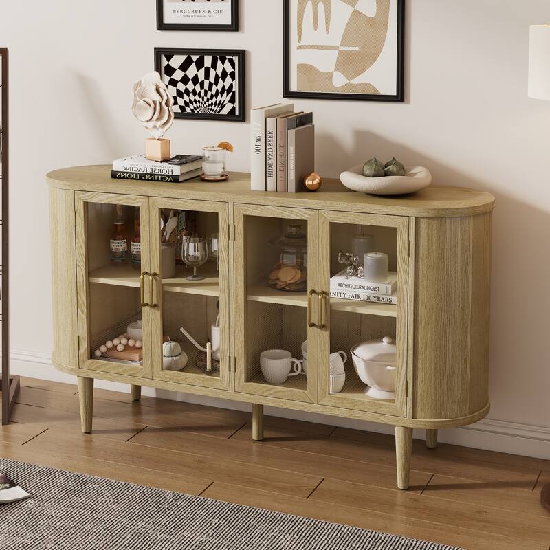 4-Door Large Storage Sideboard Cabinet with Semi-Circular Handles and Adjustable Shelves - Beige