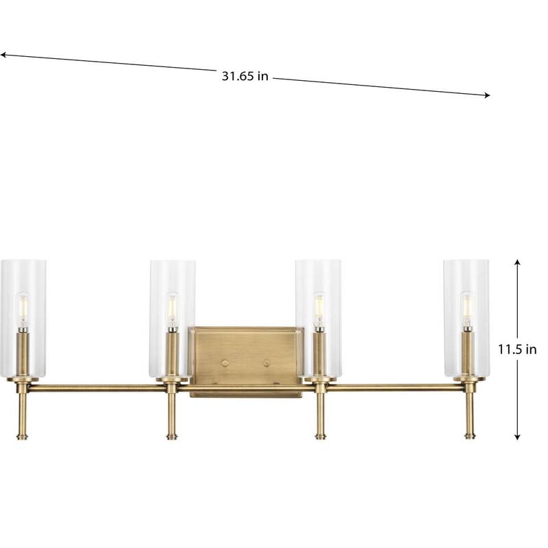 Elara Collection Four-Light Vintage Brass Clear Glass Vanity Light - 31.65 in x 5.12 in x 11.5 in