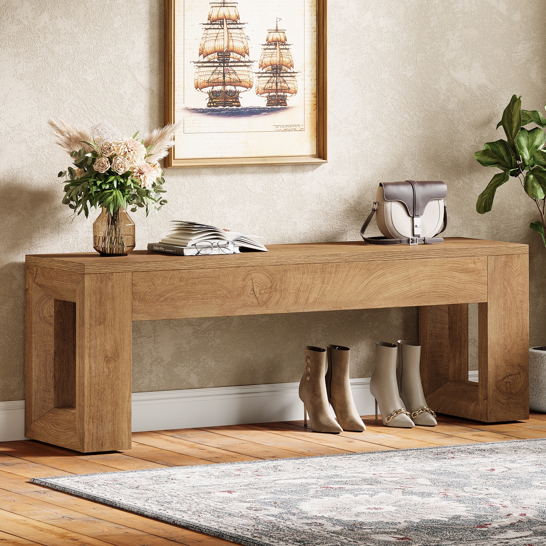 47" Farmhouse Entryway Bench for Dining Room, Living Room, Entryway