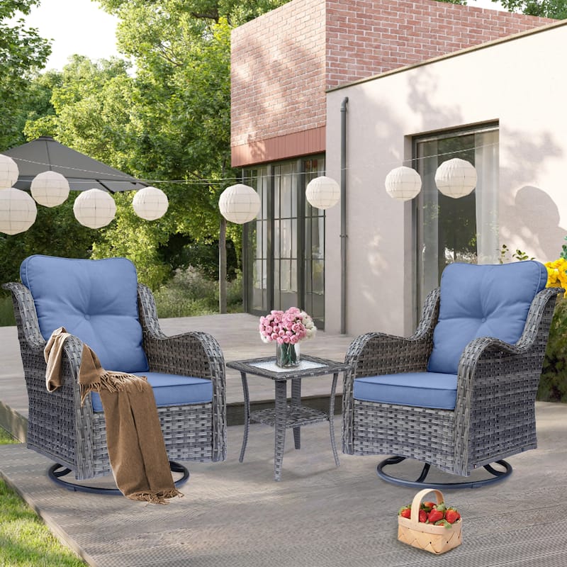 3 Piece Outdoor Patio Furniture Wicker High Back Swivel Chairs Set of 2