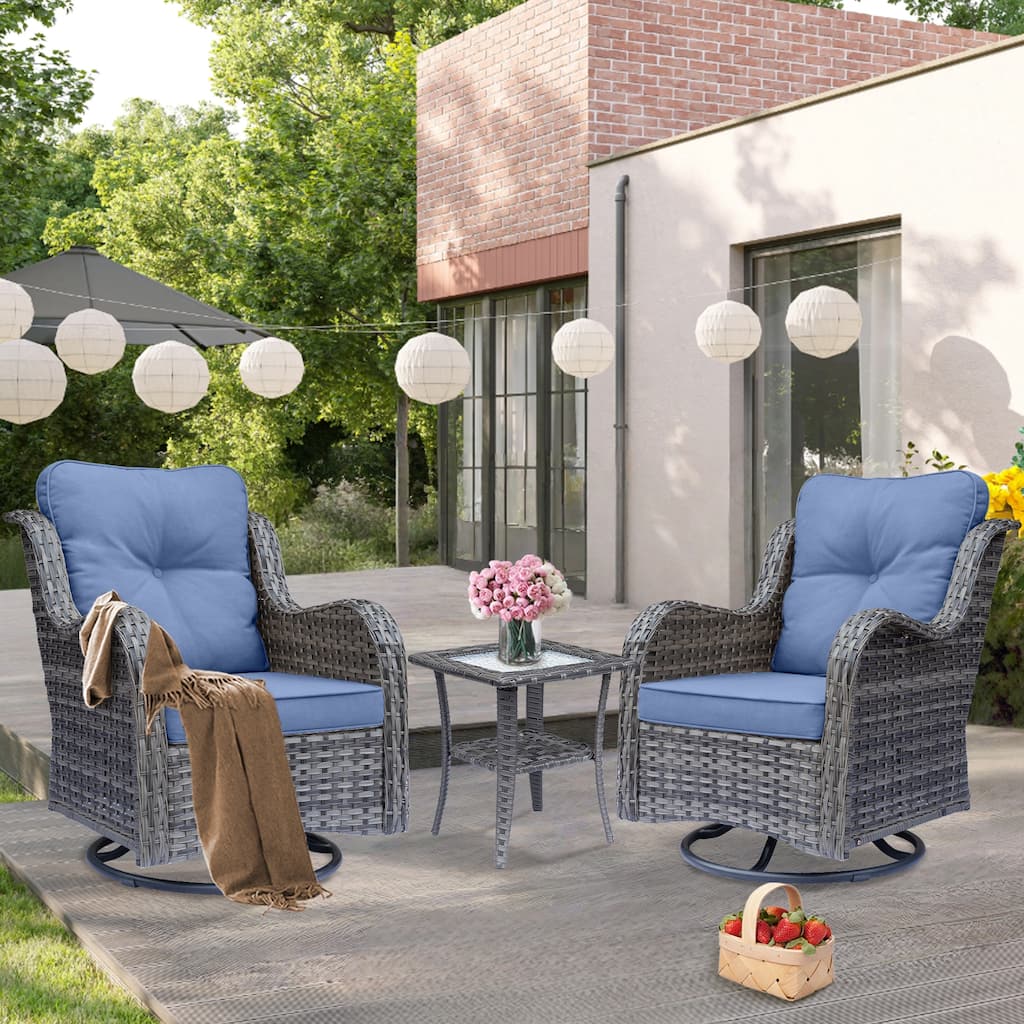 3 Piece High Back Outdoor Wicker Patio Conversation Swivel Chairs Set