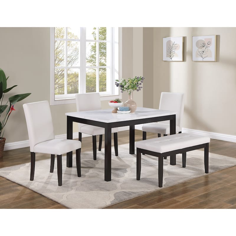 5 Piece Dining Table Set, Kitchen Dinette Set with Faux Marble Top Table, Bench and 3 Faux Leather Cushioned Chairs - White