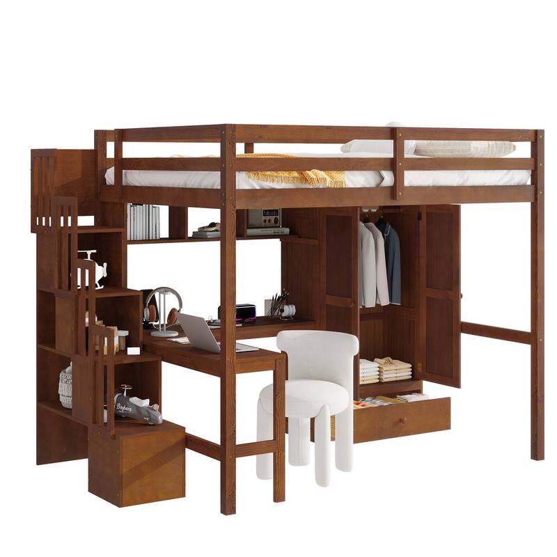 Roomfitters Full Loft Bed with Desk, Bookshelves and Storage Cabinets, Staircase with Shelves, Safety Guardrails, Walnut