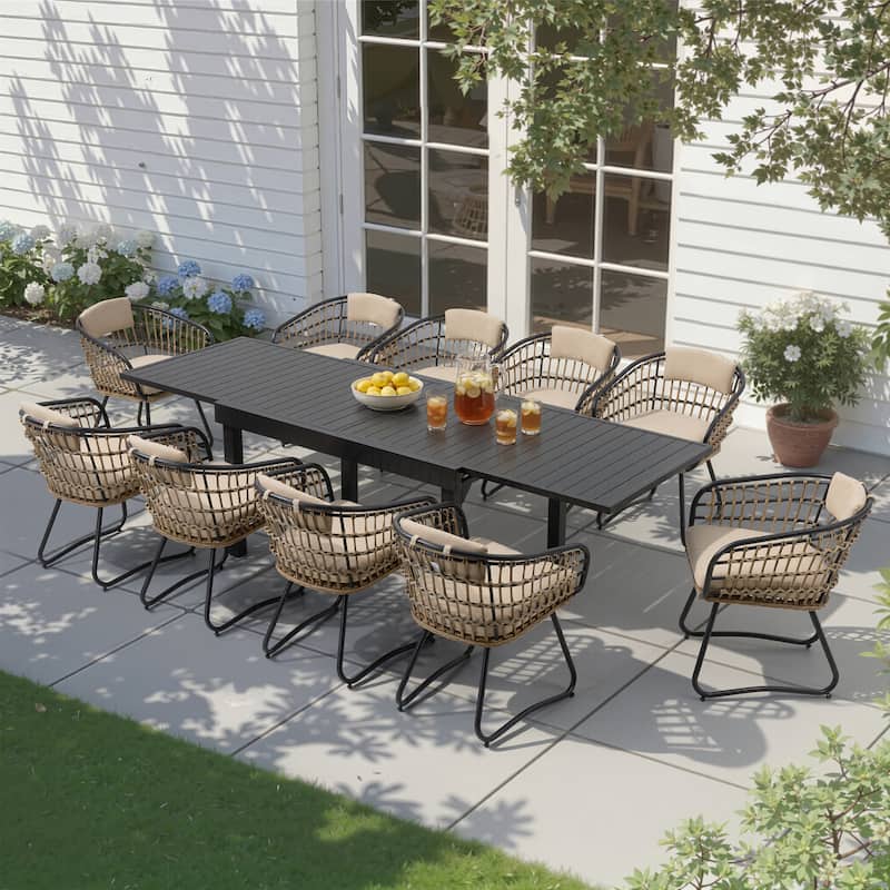 7/11PC Outdoor Aluminum Expandable Patio Dining Sets Extension Table with Rattan Chair - 11PC-BeigeChairs
