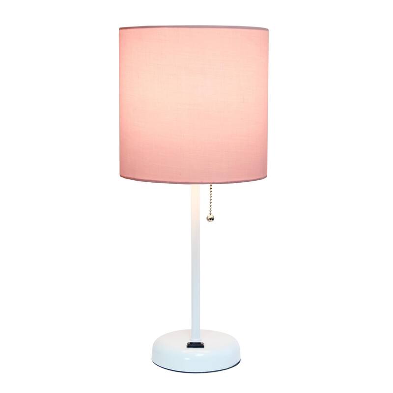 19.5 in. White Finish Table Lamp with Pink Shade, Durable Stick Lamp for End/Side Tables