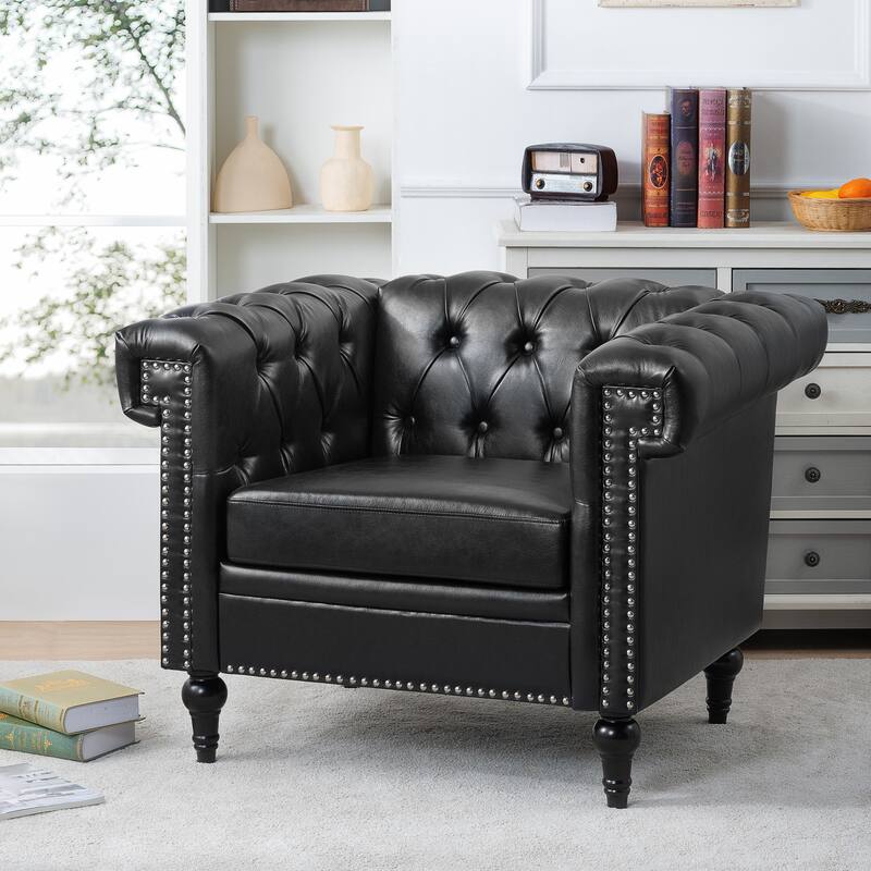 Black 38.98" Buttons Tufted Accent Chair with Birch Legs