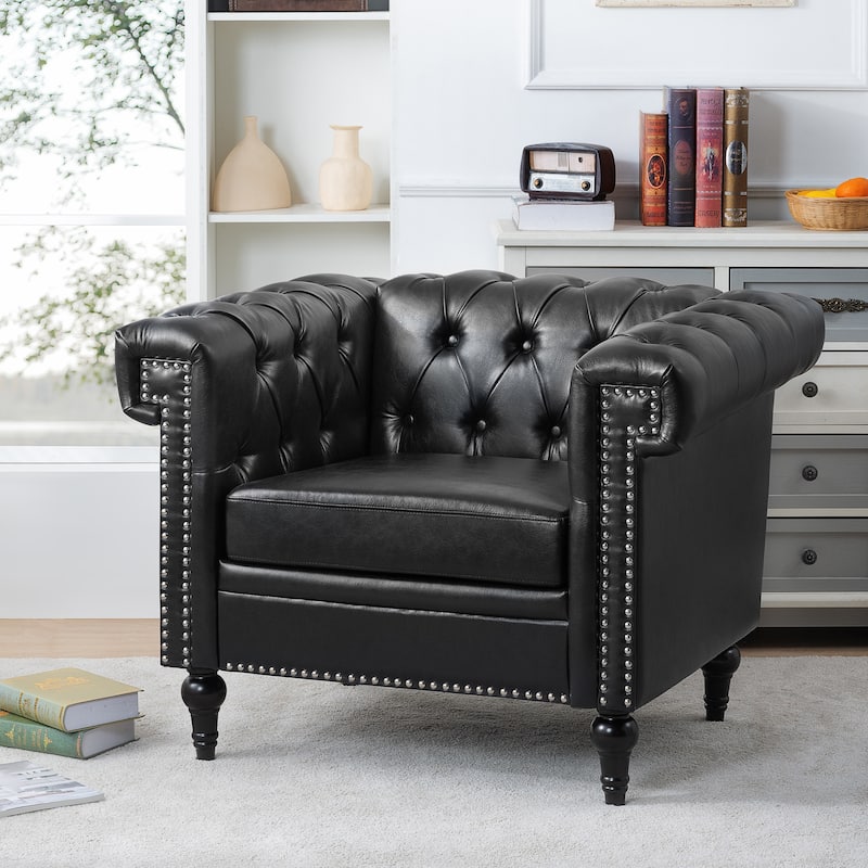 PU Leather Rolled Arms Accent Chairs Comfortable Living Room Arm Chairs with Nailhead Trim Design