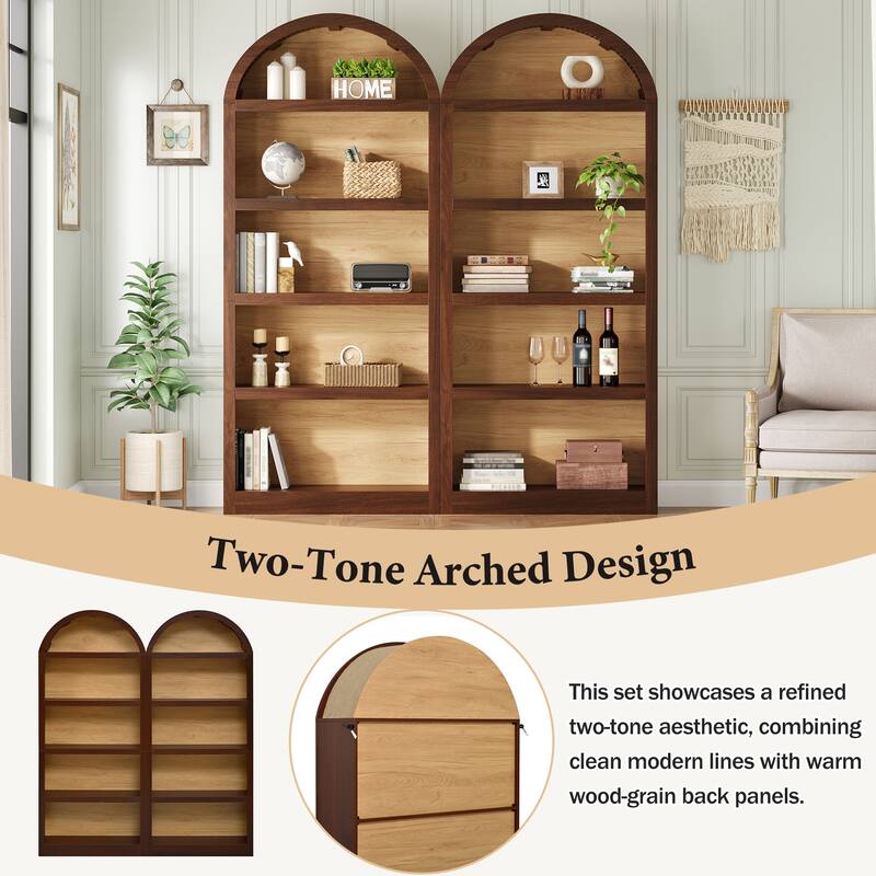 Farmhouse Tall Bookshelves Set of 2, Two Tone Arched Open Bookcase with Fabric Top, 5 Tier Storage Cabinet