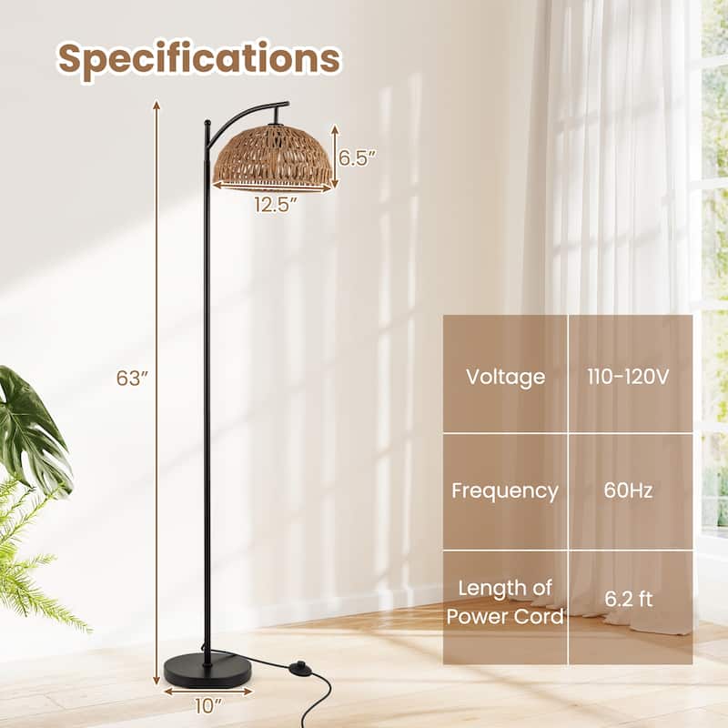 Modern Arc Floor Lamp with E26 Socket and Paper Rope Shade Adjustable Lighting for Living Room - 10"Dia × 63"H