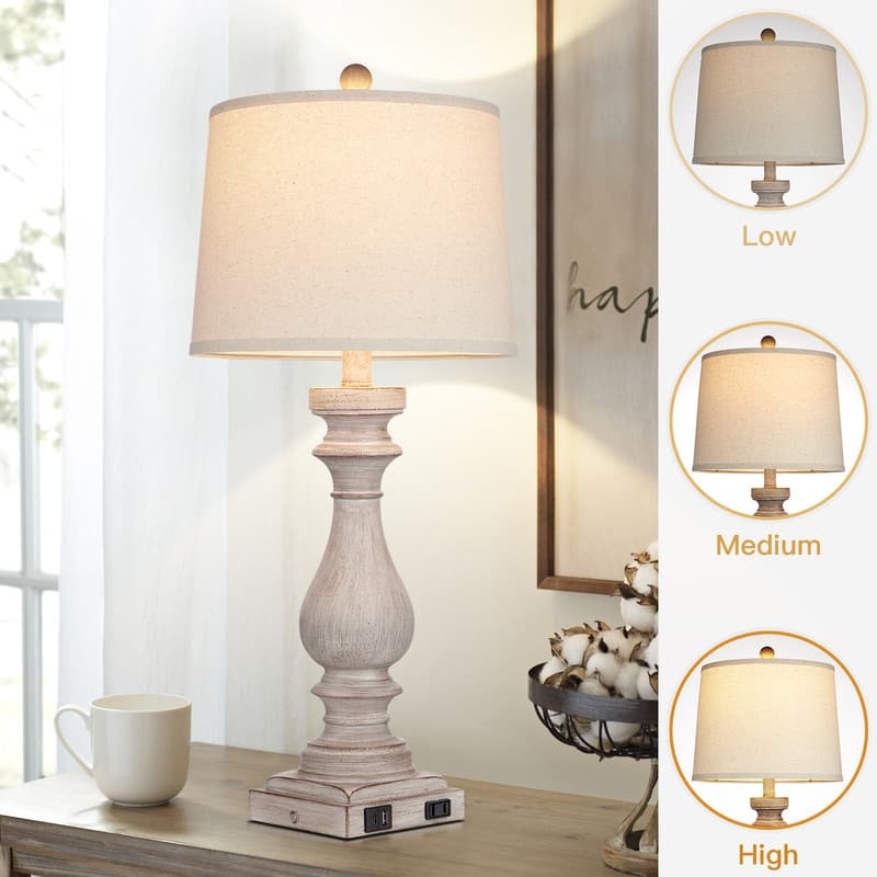 27.5'' Beige Bedside Resin Table Lamps with Built-in USB Ports, and Touch Control (Set of 2) - 12.5'' x 12.5'' x 27.5''