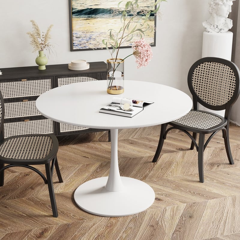 Grondin Mid-Century Modern Round Kitchen or Dining Table with Premium MDF Top and Steel Pedestal Base for Dining Room