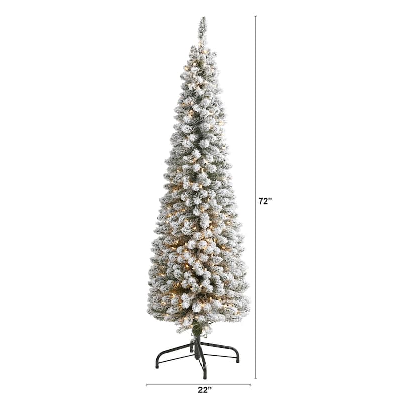 6Ft Pencil Christmas Tree with Lights - Slim Artificial Holiday Tree, 300 Clear Lights, Bendable Branches - White - 72