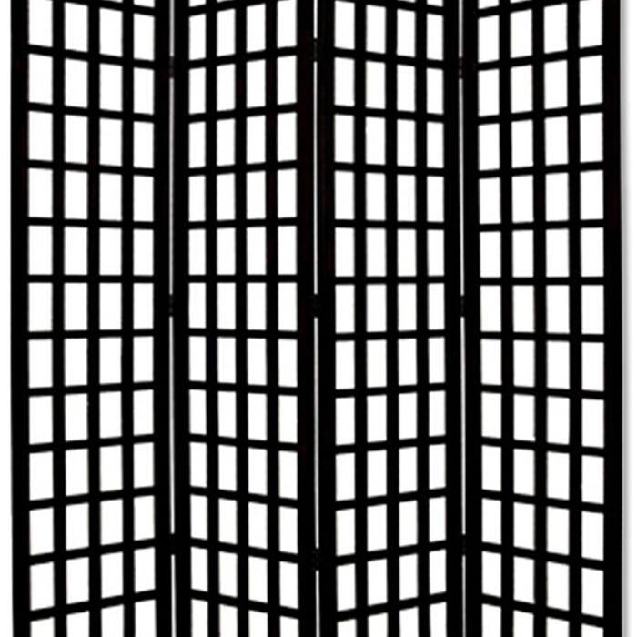 Wooden 4 Panel Foldable Window Pane Screen with Grid Design, Black
