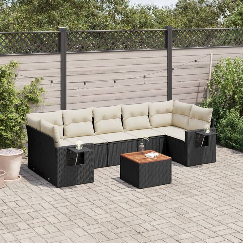 vidaXL Garden Sofa Set 8 Piece with Cushions Outdoor Sofa Set Poly Rattan - 21.7 x 21.7 x 14.6 in (W x L x H) - Black and Cream