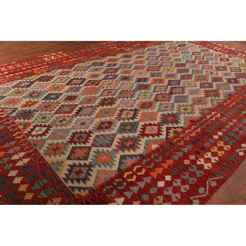 All-Over Geometric Kilim Oriental Large Rug Hand-Woven Wool Carpet - 10'5"x 16'2"
