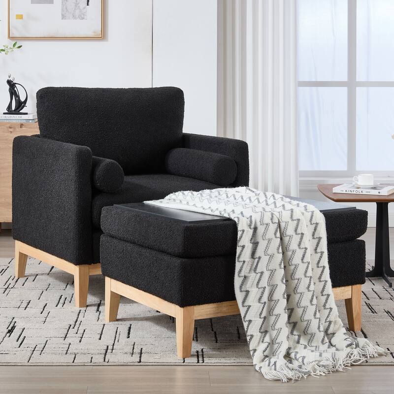 Roomfitters Boucle Arm Chair with Ottoman, Farmhouse Upholstered Wood Base Accent Chair and Reversible Lid Coffee Table