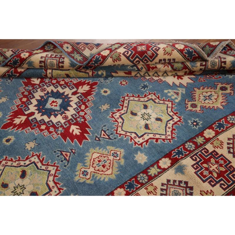 Hand Knotted Oriental 100% Wool Carpet Traditional Geometric Navy Blue & Blues Kazak Area Rug - 9' 10'' X 6' 8''