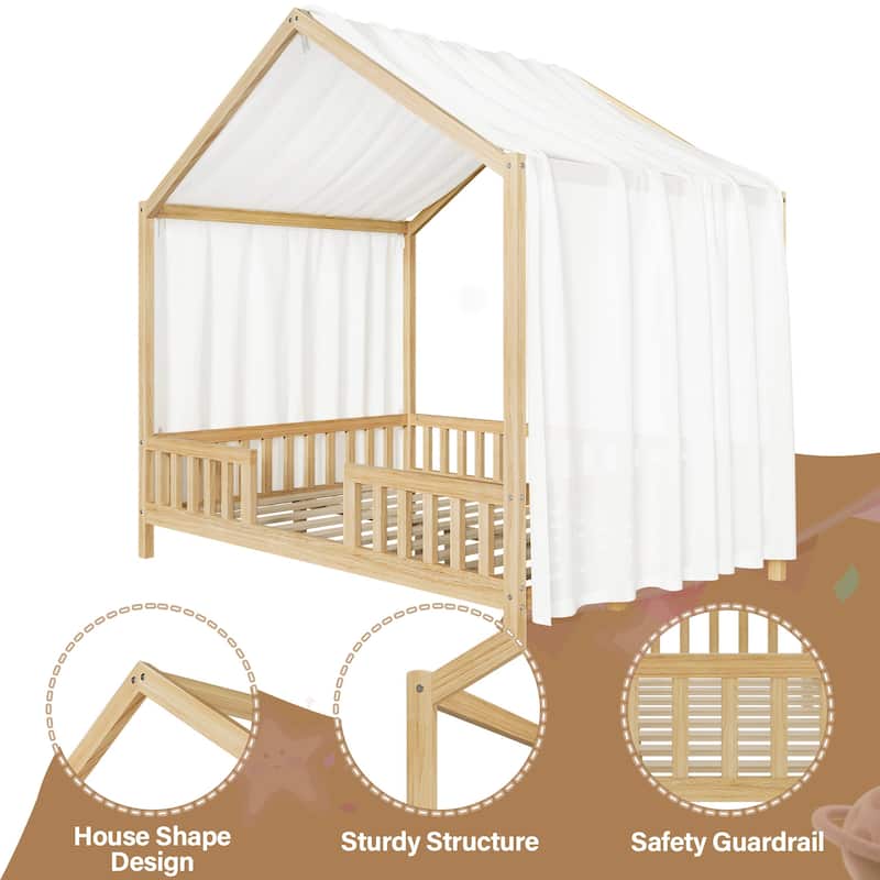 Montessori Bed, House-shape Frame Platform Bed for Kids Toddler, Wood House Daybed with High Railings and Roof, Canopy Bed Frame
