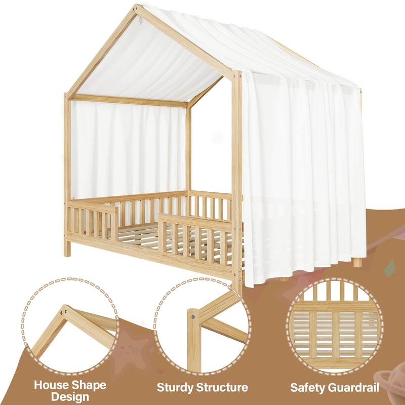 Montessori Floor Bed with Canopy, Full Bed Frame for Kids, House Shape Toddler Bed Frame with High Railings,Full