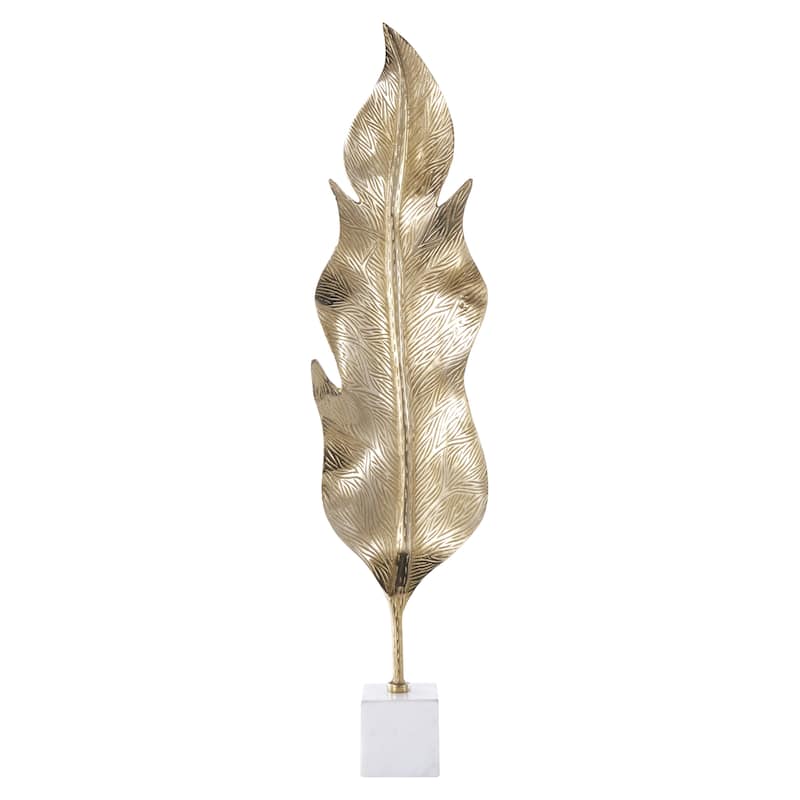 Aluminum Metal Leaf Tall Textured Decorative Sculpture with White Marble Base - Gold - Roche River Decor - Gold - 10"W, 40"H