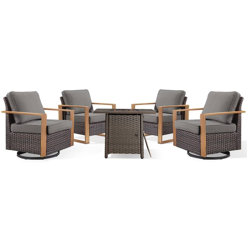 Meyreso 5-Piece Wicker Patio Conversation Set with Fire Pit & Plush 4.5" Olefin Cushions