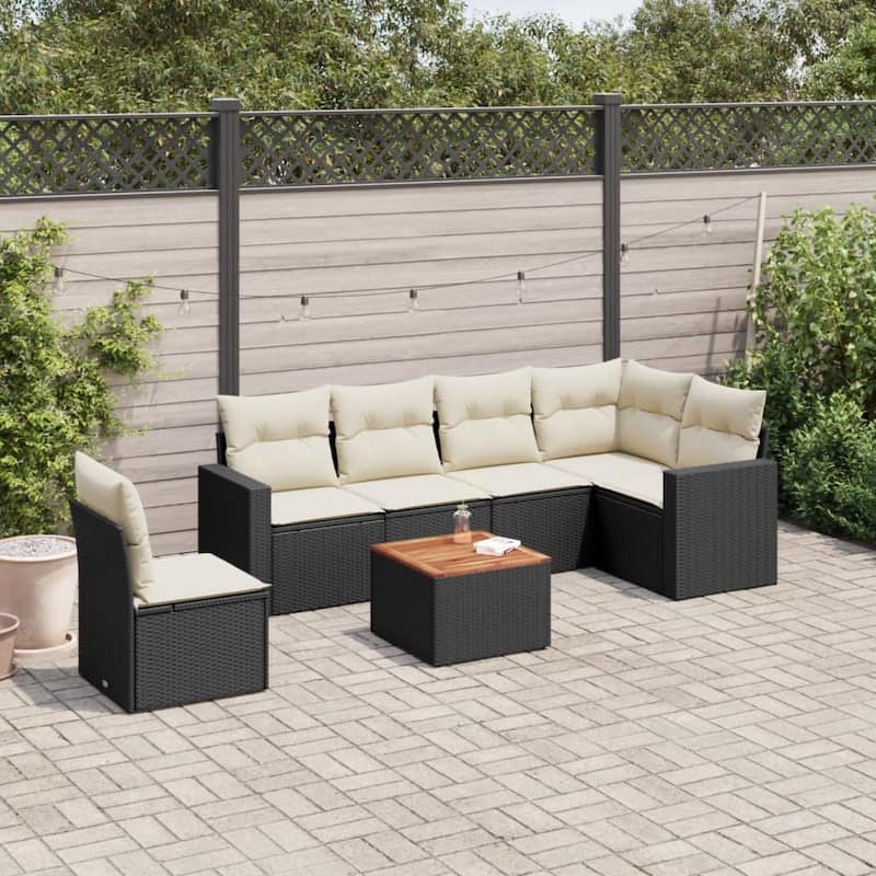 vidaXL Patio Sofa Set with Cushions Outdoor Furniture 7 Piece Poly Rattan - 21.7 x 21.7 x 14.6 - Black and Cream-3x middle+Table+corner