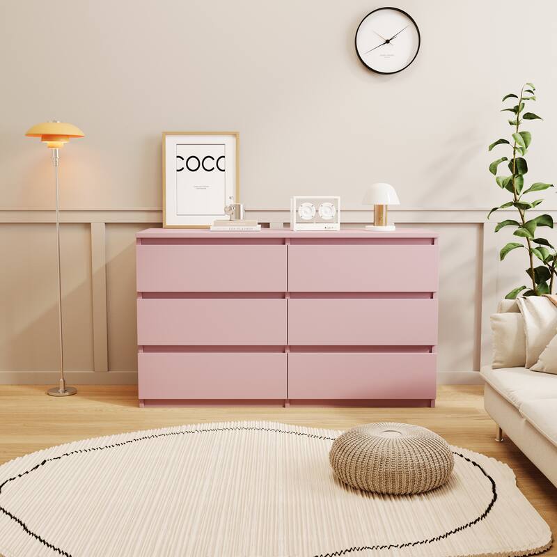 Large 6 Drawers Chest of Drawer Dressers Table - Pink