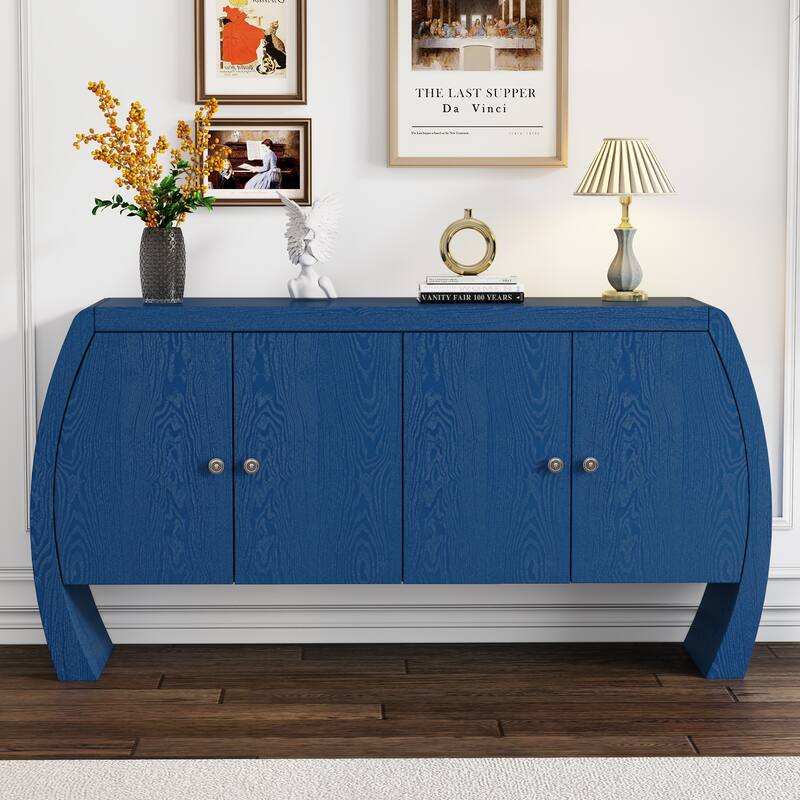 Four-Door Ash Veneer Storage Cabinet with Curved Legs