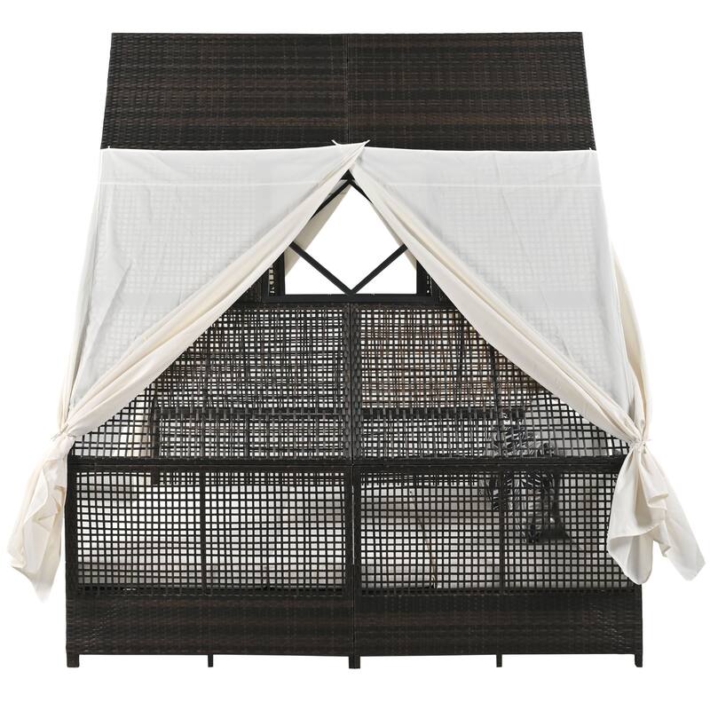 Outdoor Patio Rattan Daybed Sunbed with Triangle Tent, Adjustable Backrest, and Curtains