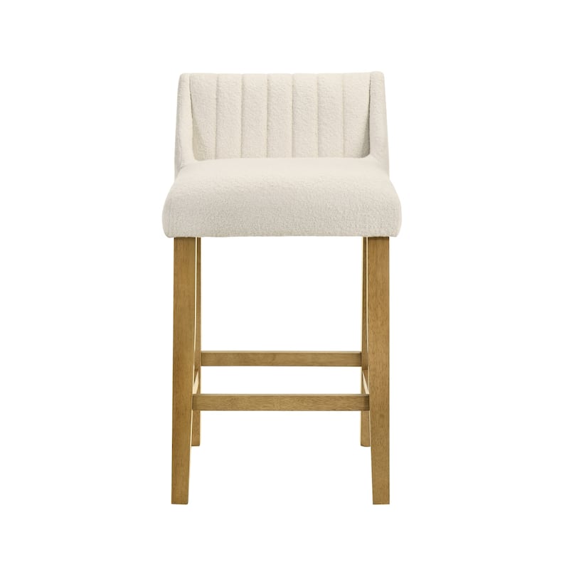 Fauna Low-Back Boucle Bar Stool, Upholstered Counter Height Kitchen Barstool with Wood Legs