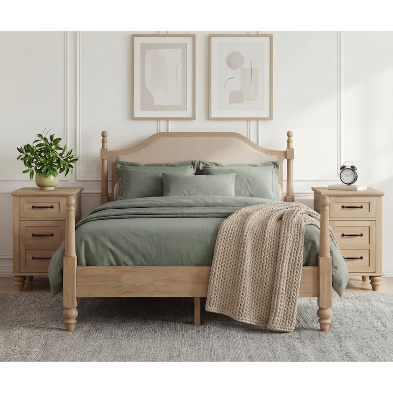 3 Piece Bedroom Set, Queen Size Bed Frame & Set of 2 Nightstands, Oak - A Bed Frame & 2 Nightstands (14.9")