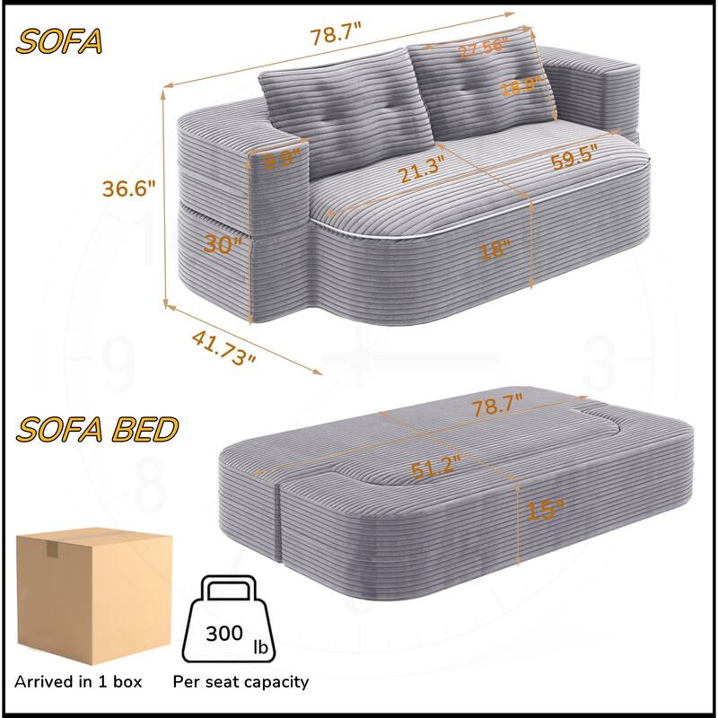 78.7 " W 2-in-1 Plush Corduroy Foldable Sofa