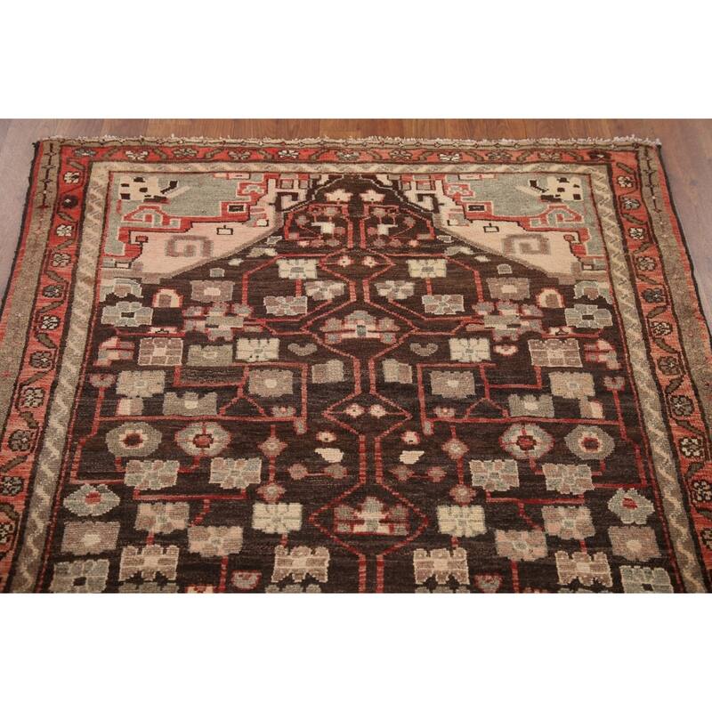 Hand Knotted Oriental 100% Wool Carpet Traditional Geometric Brown Malayer Runner Rug - 10' 0'' X 3' 9''