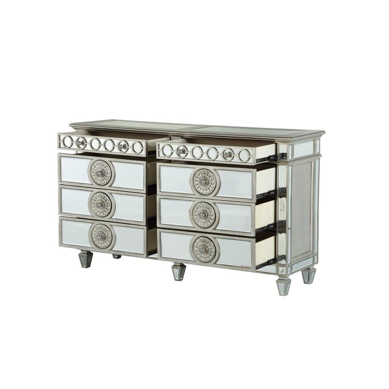 Dresser with Mirror Front 8 Drawers and Sunburst Motifs, Silver