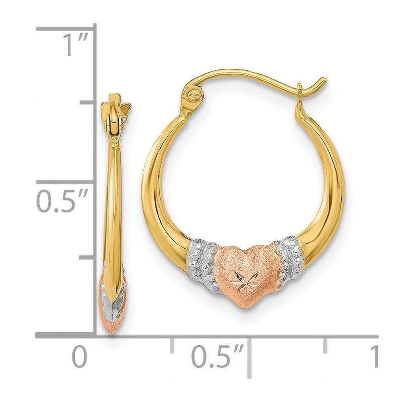 Curata 14k Tri color Gold Satin and Sparkle Cut Heart Hoop Earrings 19.89x2.52mm
